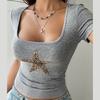 Y2K Ladies Summer Square Collar Leopard Star Printed Slim Fit Pullover Midriff-baring T Shirt Crop Top
