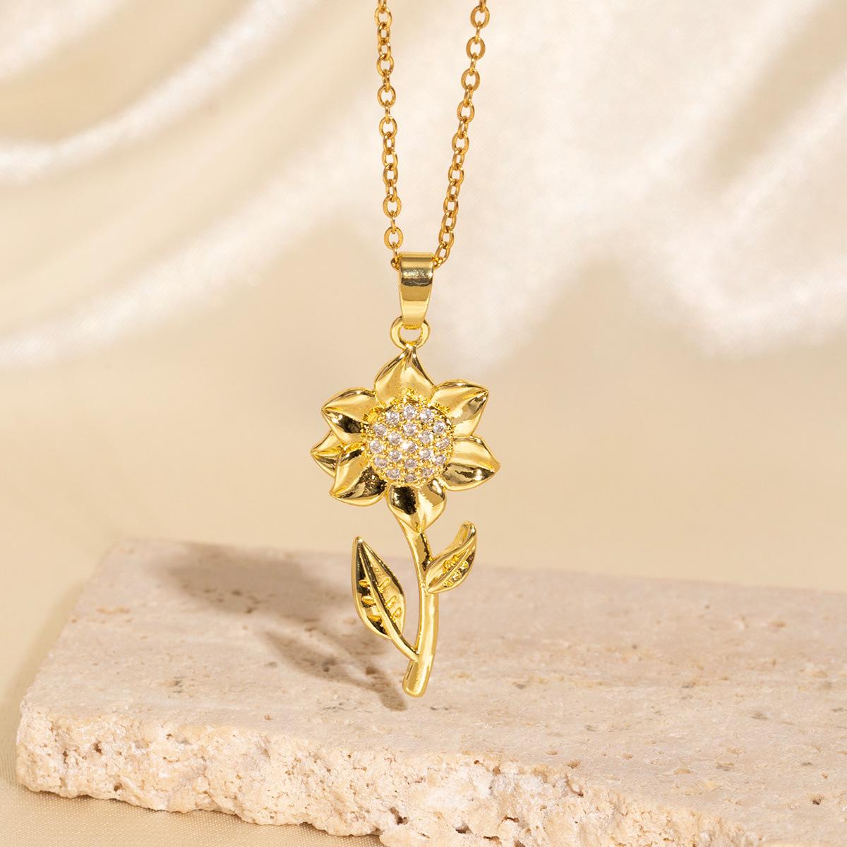 

Роскошное ожерелье в корейском стиле с подсолнухом: Позолоченная медь 18 карат с бриллиантовой инкрустацией, стильная цепочка для ключиц для женщин 18K Gold Plated