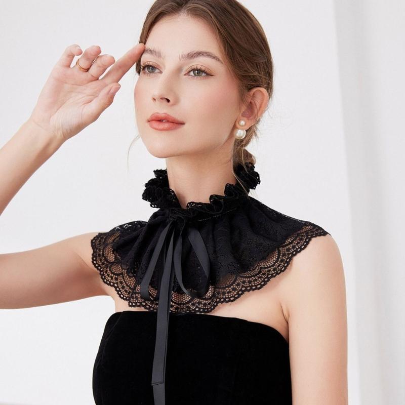 Rüschenspitze Stehkragen Falscher Kragen mit Band für Damen Viktorianischer Abnehmbarer Halsrüschen Dekorativer Schwarzer Schal Cape Boleros