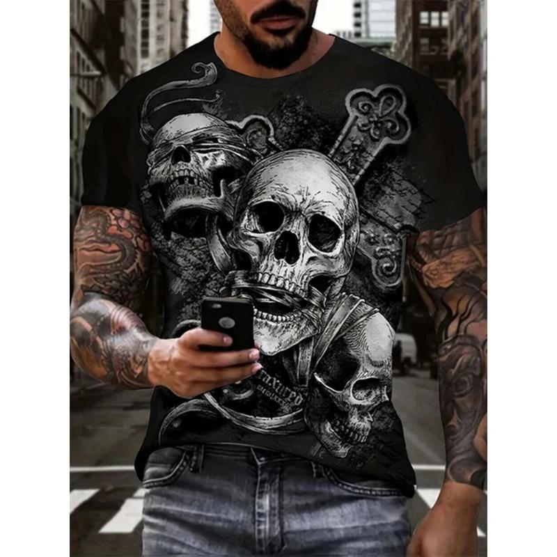 New Men's Horror Skull 3D Printed Print Retro Round Neck Short Sleeved Fashionable  T-shirt