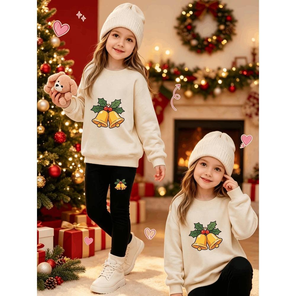 Girls' Christmas Bells Casual Comfortable Soft Loose Pullover Sweatshirt and Leggings 2-Piece Set, New Autumn/Winter, Playful, Sweet and Cool Style