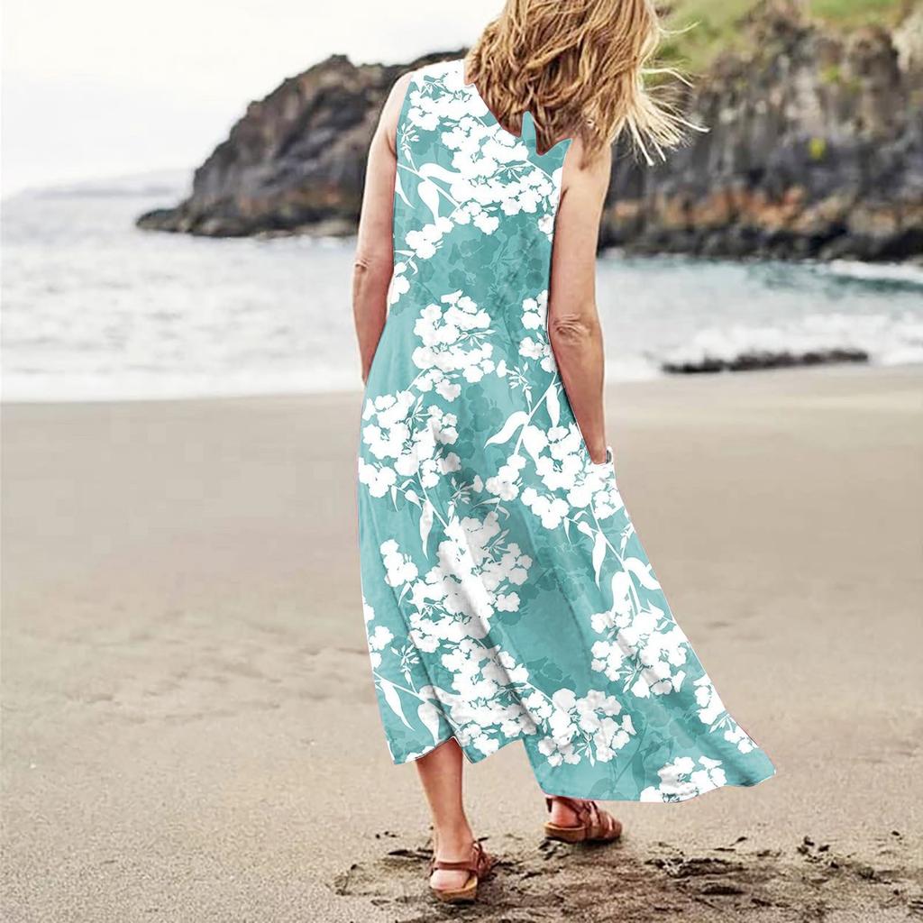 Women Sleeveless Casual Floral Print Pocket Dress Loose Fit Cotton Linen Blend Summer Maxi Dress with Round Neck and Side Pockets