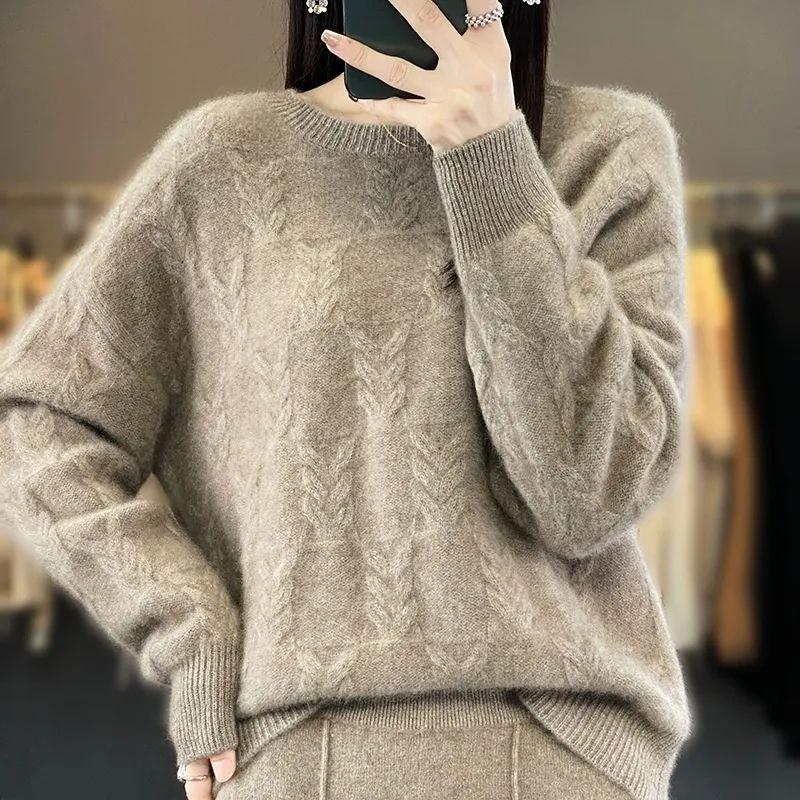 Loose Sweater Women's Round-neck Cut-out Knitted Sweater Loose Solid Color Casual Pullover for Autumn and Winter