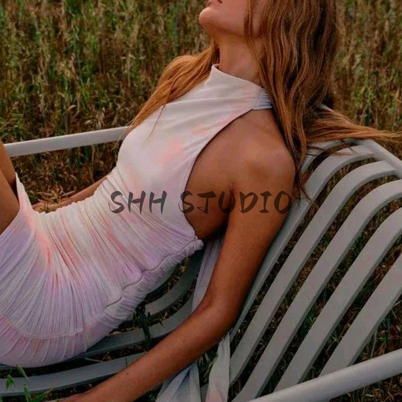 Summer New Product Women Clothes French Style Design Sense Neck Collar Backless Print Silk Net Short Dress 3071001