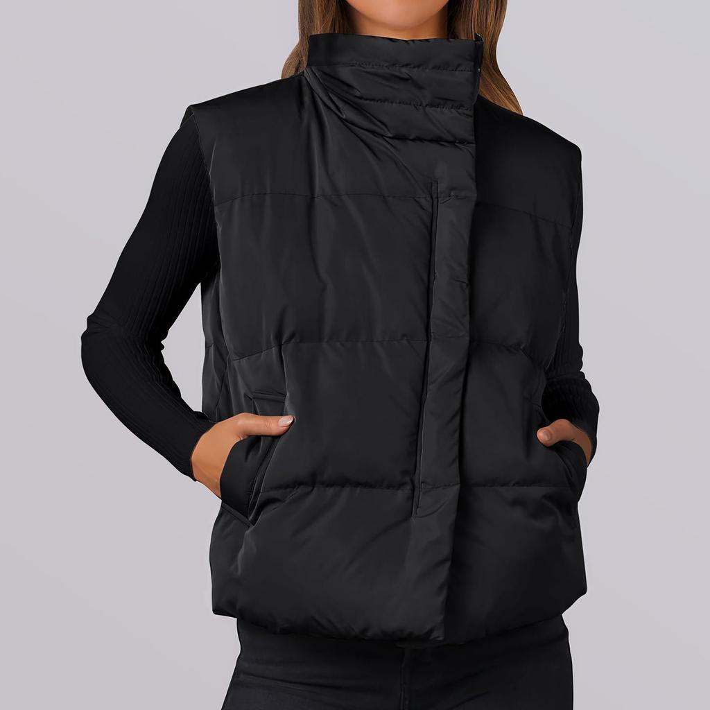 Damer Lett Ståkrage Ermeløs Vinter Varm Glidelås Polstret Yttertøy Jakker med Lommer