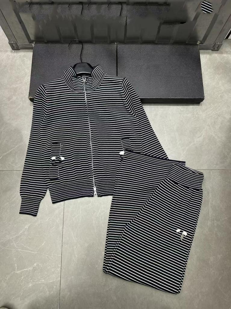 European Striped Zipper Knit Cardigan & Long Pants Two-Piece Set