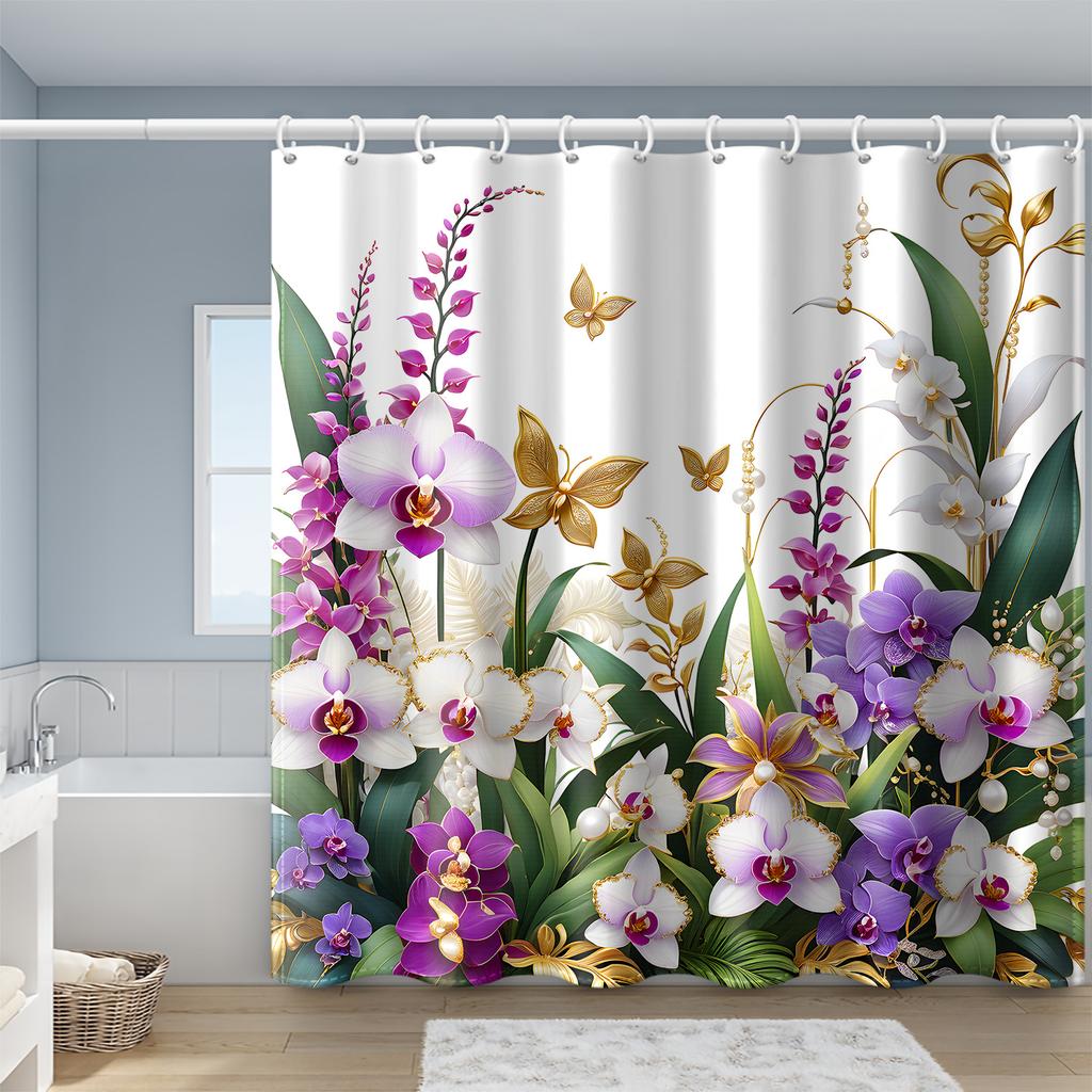 1pc white background purple flower pattern printed shower curtain, polyester fabric with hooks, simple style window and wall bat