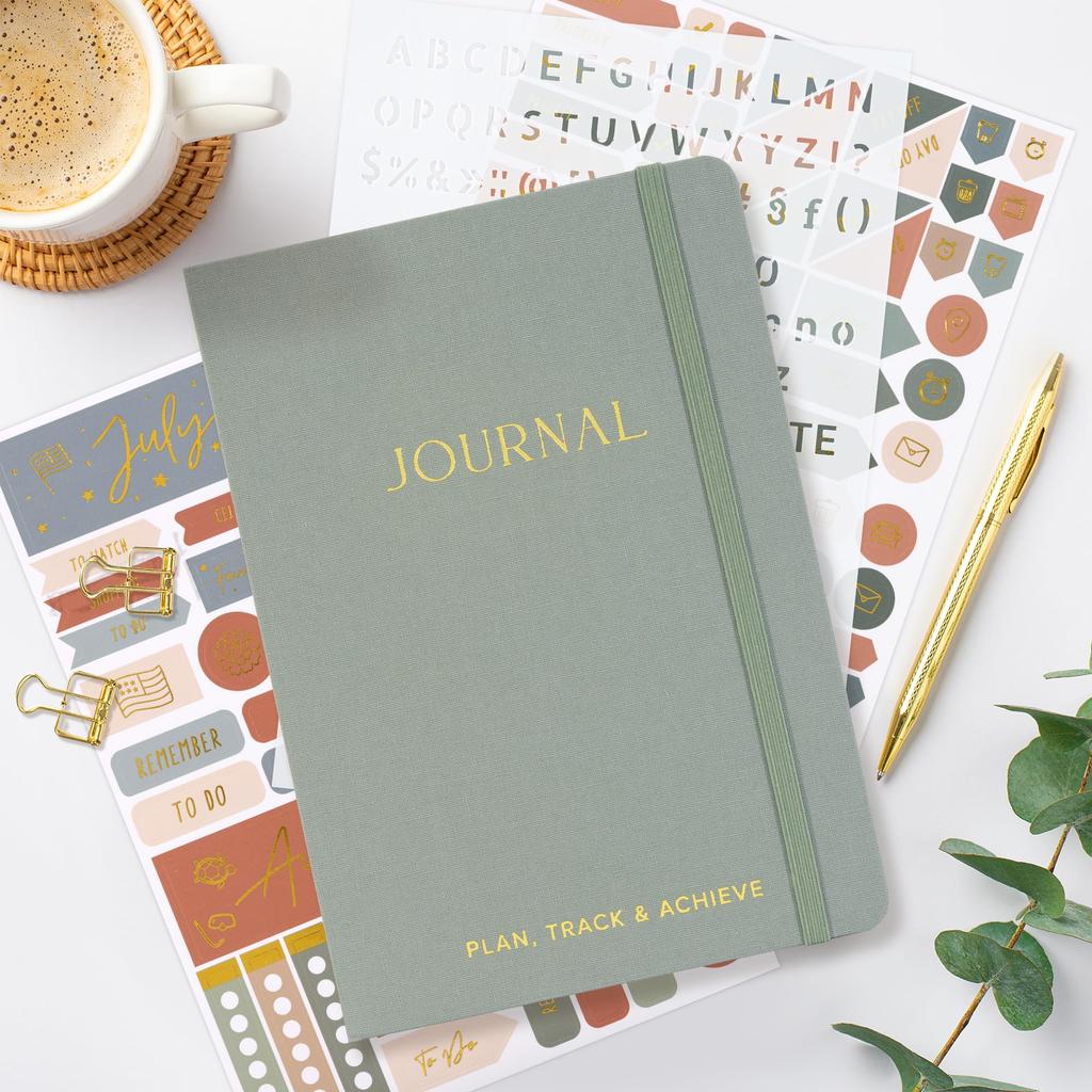 ZICOTO Ultimatives Journaling-Kit Journal-Notizbuch mit Leinen-Hardcover und gepunkteten Bullet-Checklisten-Zubehör wie Washi-Papier und -Seiten, Schablonen,