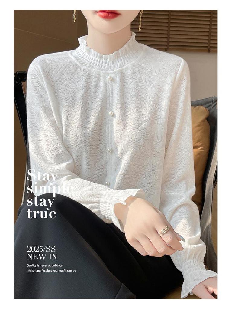 Ruffled Hem Knit Lace Long-Sleeve Spring Top, Fashionable for Outdoor Wear