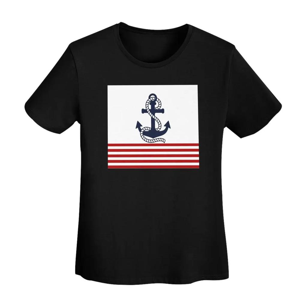 Nautisches Rot-Weiß-Gestreiftes T-Shirt mit Dunkelblauem Anker für Damen, Kurzarm, Rundhalsausschnitt, Kleidung, T-Shirts, Streetwear