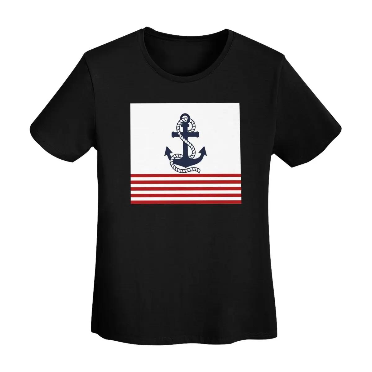

Nautical Red And White Stripes With A Navy Blue Anchor TShirt Women Short Sleeve T Shirts Round Neck Clothes Tees Streetwear 4XL