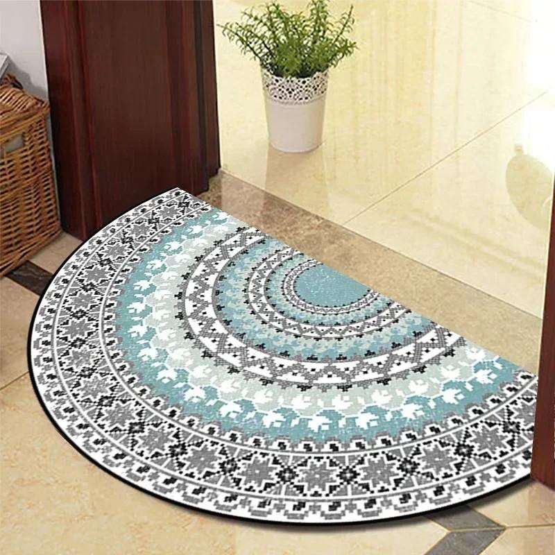 Semi-Circular Mosaic Non-Slip Floor Mat Vintage Floral Geometric Patchwork Patio Entry Porch Balcony High Traffic Area