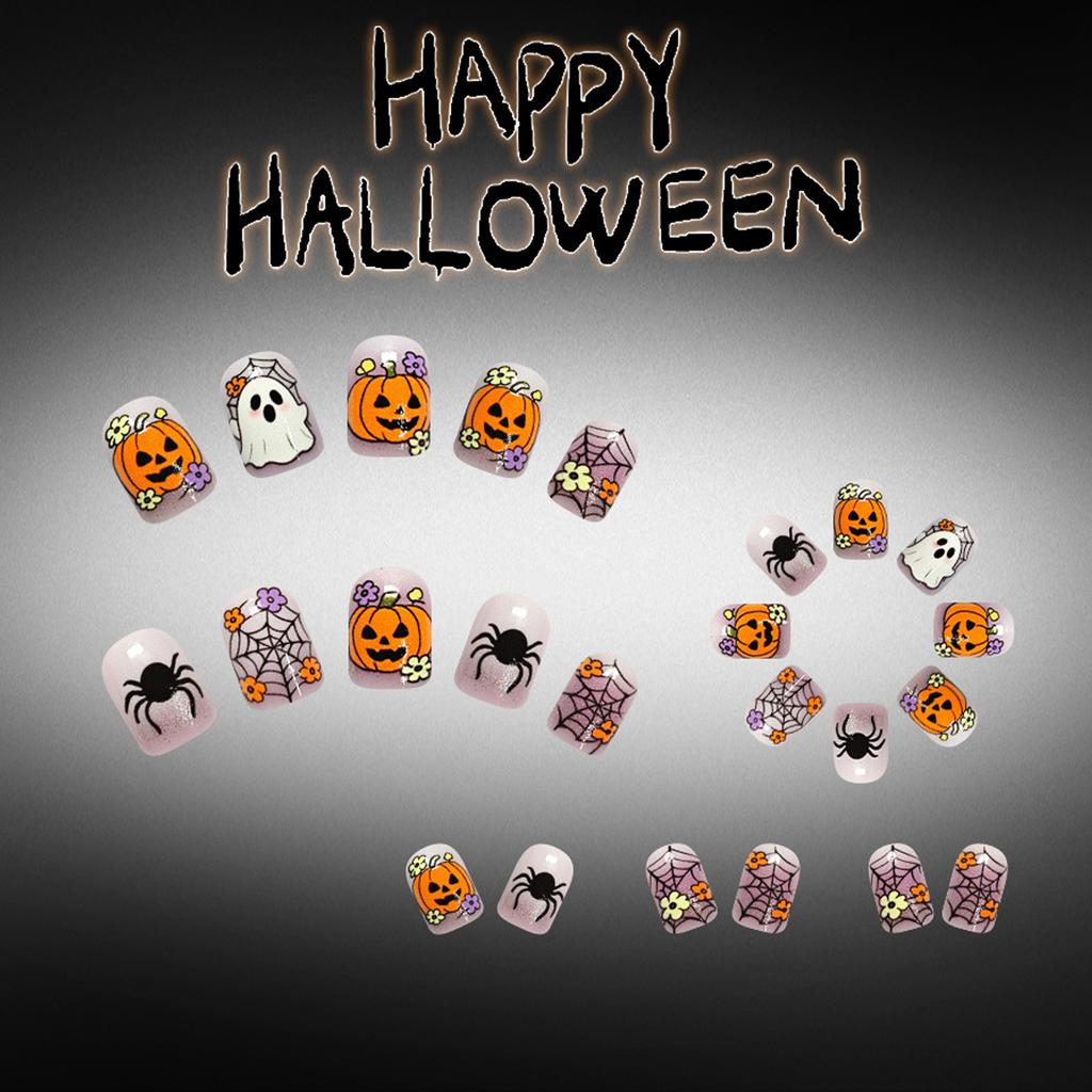 Spider-Web Ghost Pumpkin Glitter Press On Nails 24 Pieces Resin Square Shape Halloween Party Wearable Nail Set for Women Teens