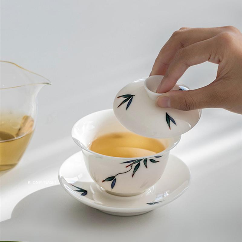 110ml Chinese White Porcelain Gaiwan Handmade Bamboo Leaf Pattern Ceramic Tea Tureen Travel Portable Tea Bowl Household Tea Set