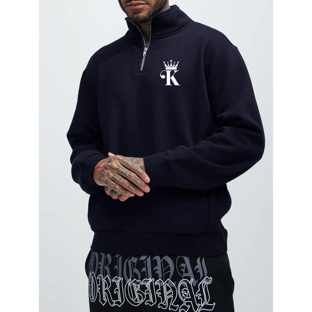 Men s Zipper Stand Up Collar Sweatshirt with Crown K Print, Half Zipper Stand Up Collar Casual Loose Autumn Winter Pullover S