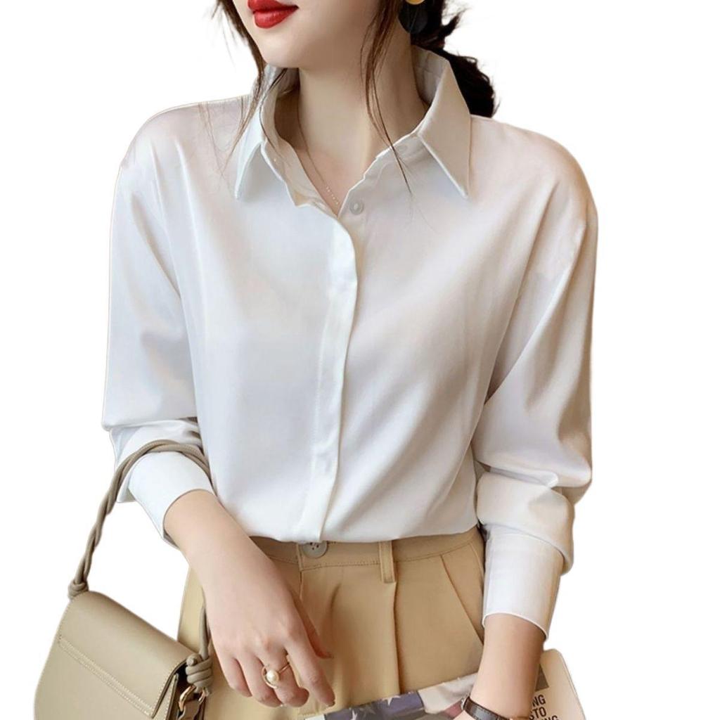 Women's Long Sleeve Velvet White Shirt - 2025 Autumn/Winter Style, Loose Fit, Niche Design