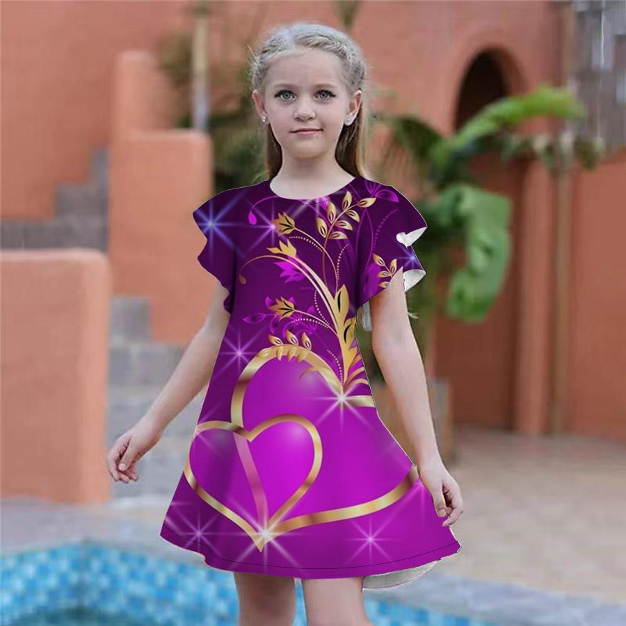 Flickors Morot av Kärlek Tryck Klänningar Barn Flickor Festklänning Lös Passform Lös Passform Kortärmad Kjolar För Flickor Över Fyra År Gamla