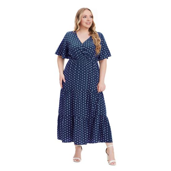 

Жіноча сукня великого розміру з V-подібним вирізом, коротким рукавом, оборками, вставками, струмким подолом, міді-довжини, з принтом у горошок, формальна сукня, для повсякденного носіння XL синій