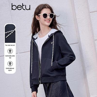 Betu Women's 2025 Autumn Two-Tone Drawcord Zip-Front Hoodie