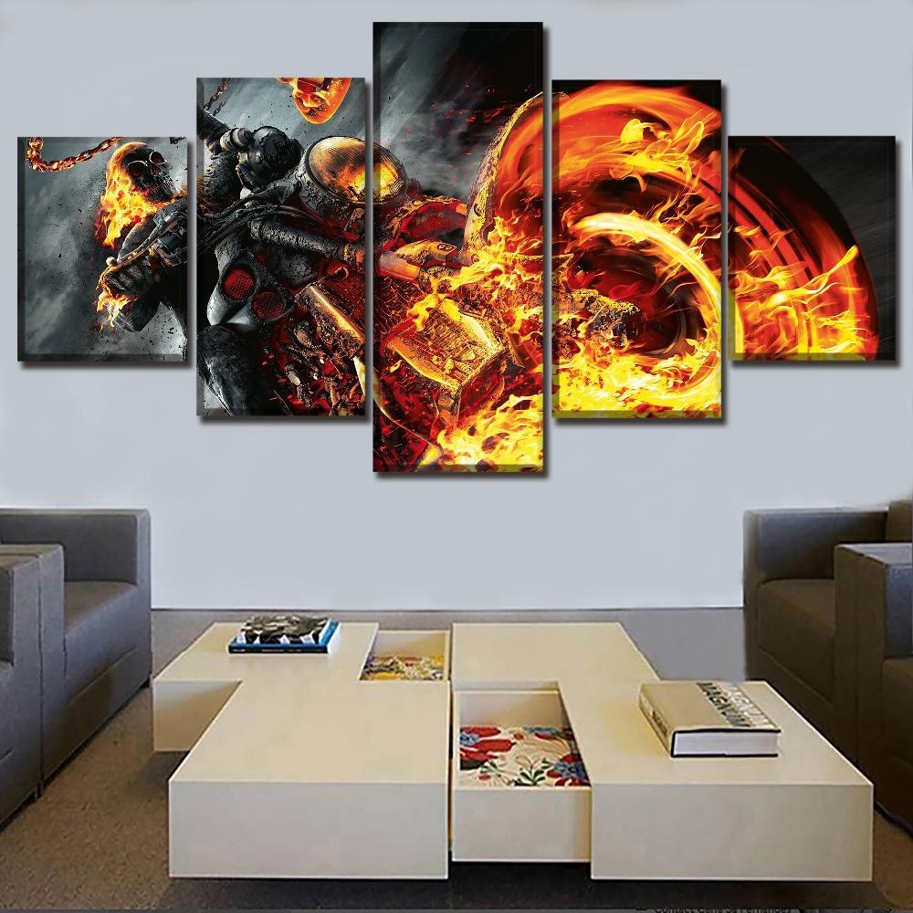 

Картина с принтом на холсте, домашний декор, рамки, 5 шт., комиксы, Призрачный гонщик, картина с черепом и абстрактным огнем, мотоциклетный постер, настенное искусство 40x60cm*2 40x80cm*2 40x100cm*1