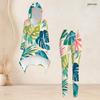 Women Plus Size Two Piece Set Hooded Long Sleeve High Low Top Tropical Leaf Printed Fitted Pants