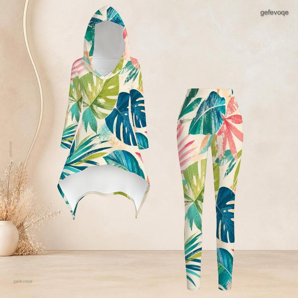 Women Plus Size Two Piece Set Hooded Long Sleeve High Low Top Tropical Leaf Printed Fitted Pants