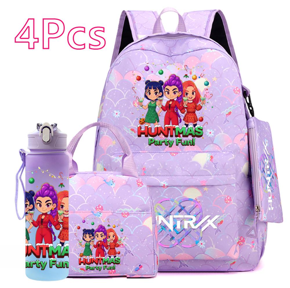 4Pcs/set Christmas KPOP Printed Backpack with Handbag Pencil Case 750Ml Water Bottler for Teenager Boy Girl Large Capacity Bookbag Schoolbag Kid Gift