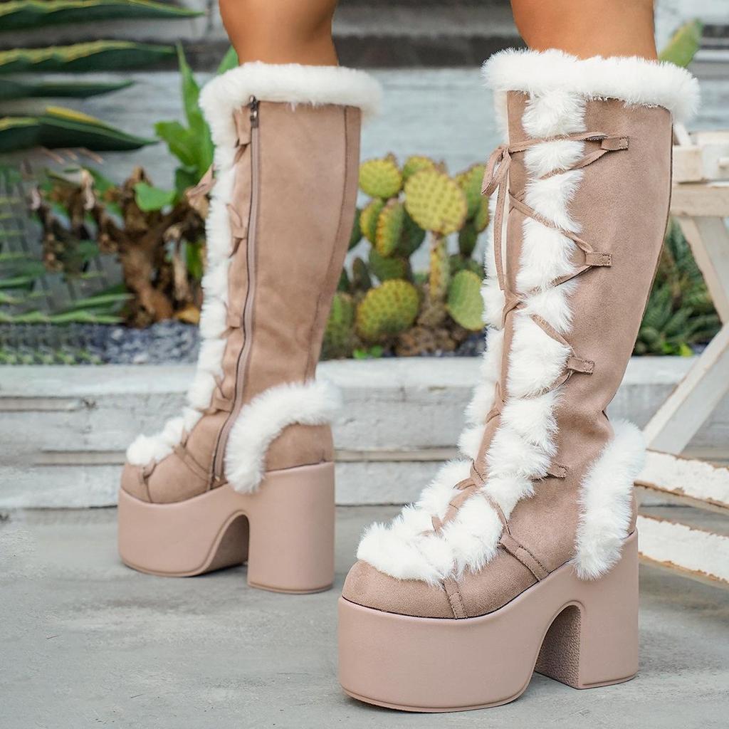 Gothic Lolita Wasserdichte Plateau High Heel Wildleder Schneestiefel - Damen Plüsch Warm Hoher Schaft