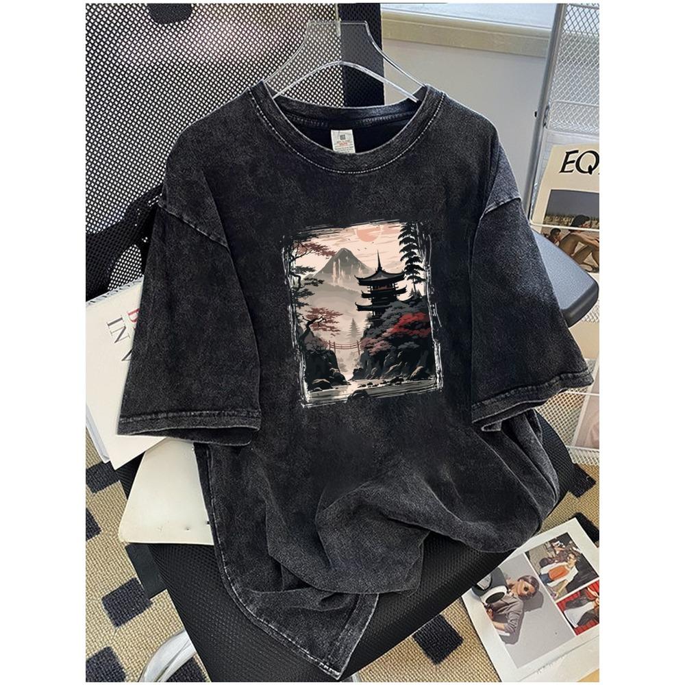 Washed Summer Cotton Men's T Shirt Comfortable Soft Fabric Ink Painting Pattern Printing Suitable