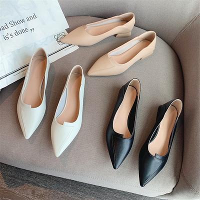 Korean Style Pointed-Toe Authentic Leather Soft Bottom Chunky Heel Low Block Heel Shoes Women's Low Heel Two-Way French Style Pumps Women