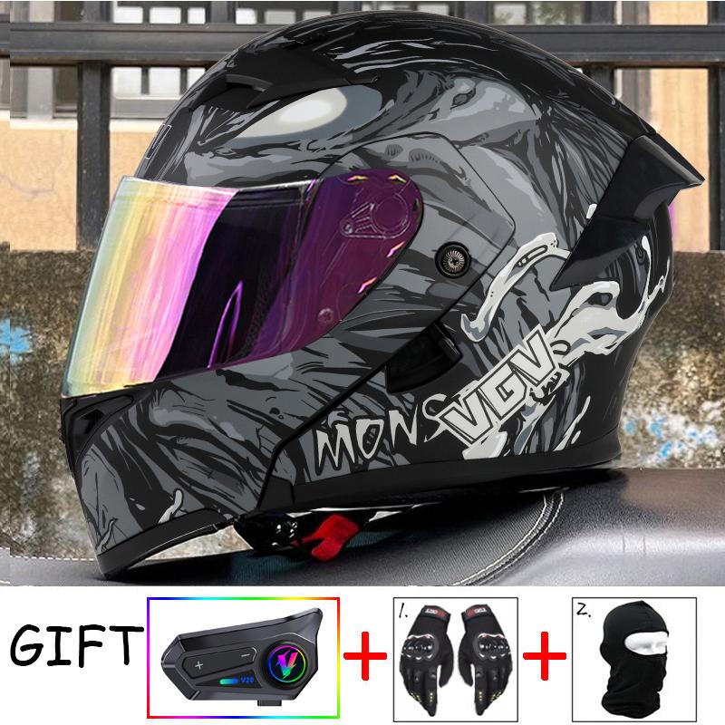 VGV Double Lens flip up helmet Openable motorcycle helmet come with wireless headset gloves headgear Value Promotional Packages