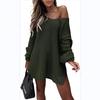 Mid-Length Off-Shoulder V-Neck Loose Knit Sweater with Bottom Slit