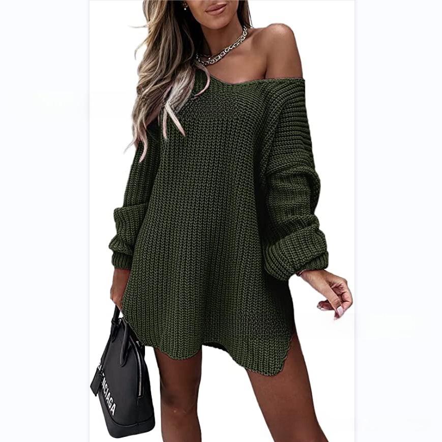 Mid-Length Off-Shoulder V-Neck Loose Knit Sweater with Bottom Slit