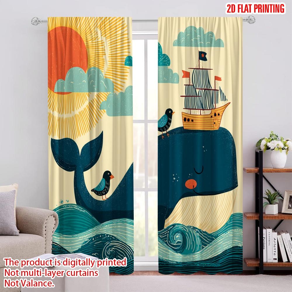 

Flat Printing Drapes Whale Bird Sailboat Ocean Digital Printed Polyester Festive Curtains Perfect Parties Set Of 2 Made W100*H70(CM)-Grommet top&1PCS
