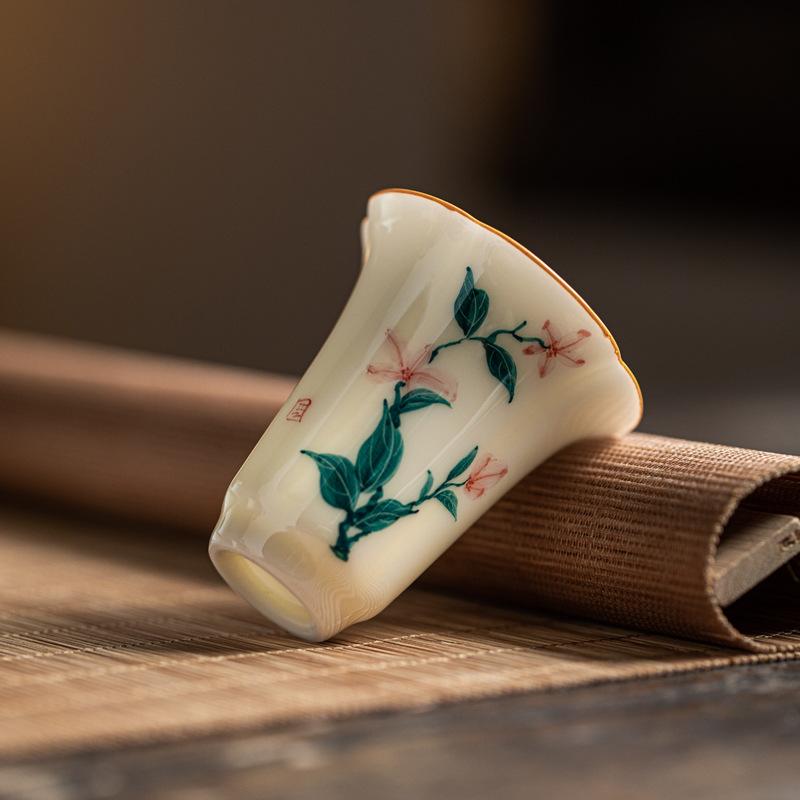 Honey Yellow Underglaze Hand Painted Aroma Cup Ceramic Sniffer Cup for Gongfu Tea Tasting Floral Design Chinese Style