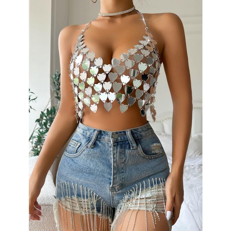 Heart Sequin Halter Neck Body Chain Crop Top