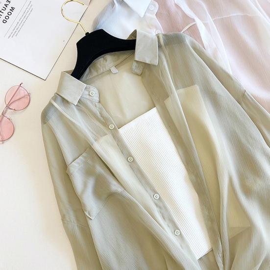 Women Top Beach Cover-up Thin Anti-UV Long Sleeves Solid Color Loose Soft Casual Lapel Spring Summer AC Shirt Sun Protection Coat