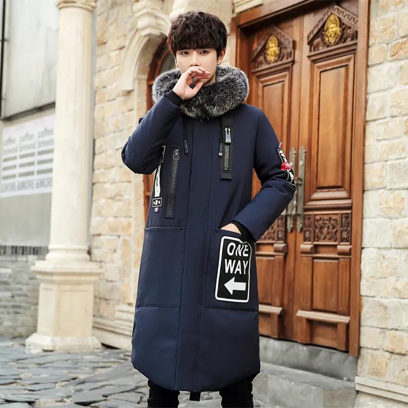 Large Fur Collar Down Jacket Men's Winter Thickening Cotton Jacket Long Slim Hooded Outwear Casual Jacket Wild Zipper Warm Down Coats