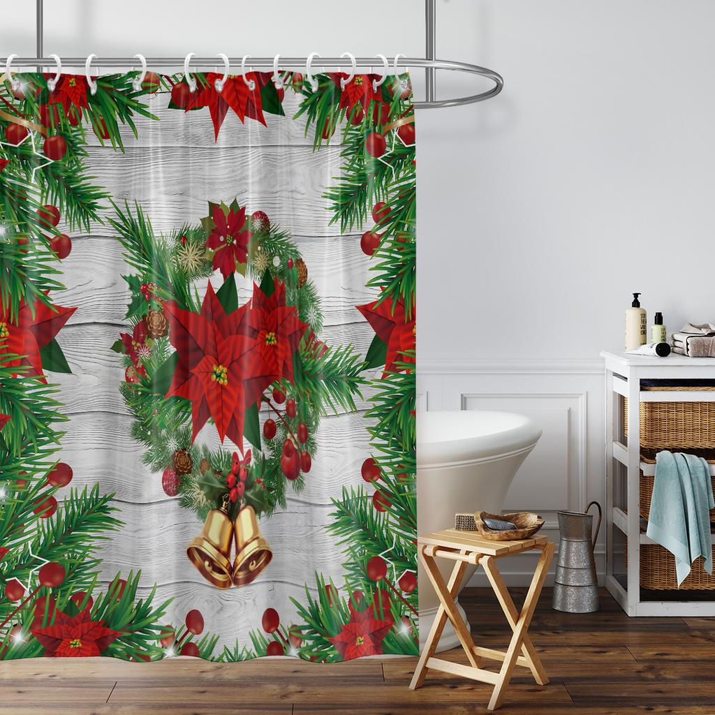 1pc Christmas Bell Print Waterproof Shower Curtain Bathe Curtains Partition Multiple Sizes 12 Hooks Privacy Protection