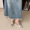 Large size slippers women's spring and summer new rhinestone low-heeled pointed one-pedal high-heeled slippers women