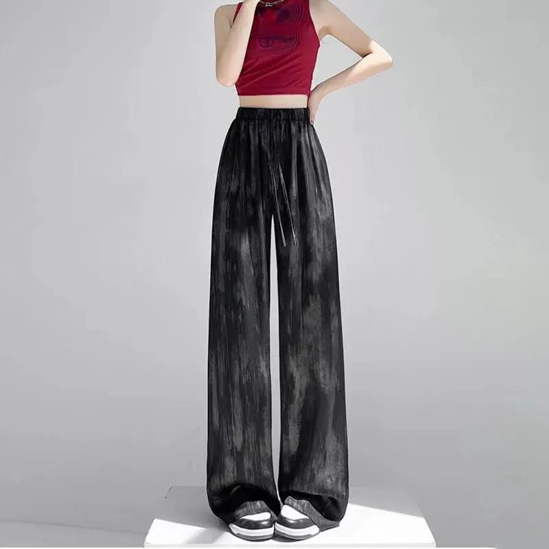 

Женские летние свободные прямые повседневные брюки Ice Silk Tie Dye Wide Leg Брюки 2XL чёрный