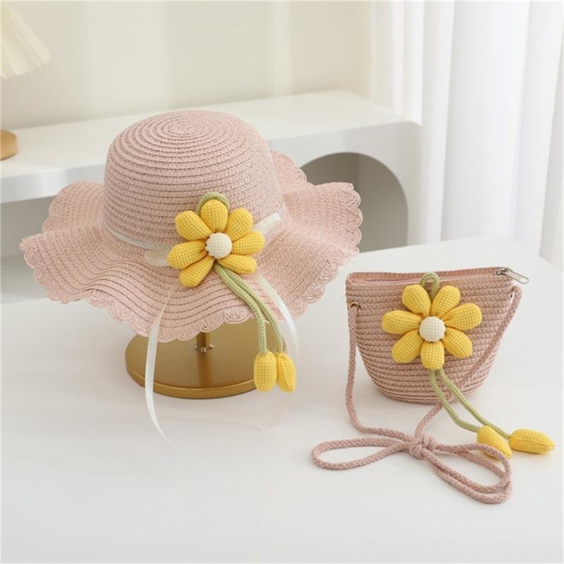 2Pieces Kids Summer Sun Hat And Bag Set Breathable Straw Braided Design For Beach Outdoor Activities