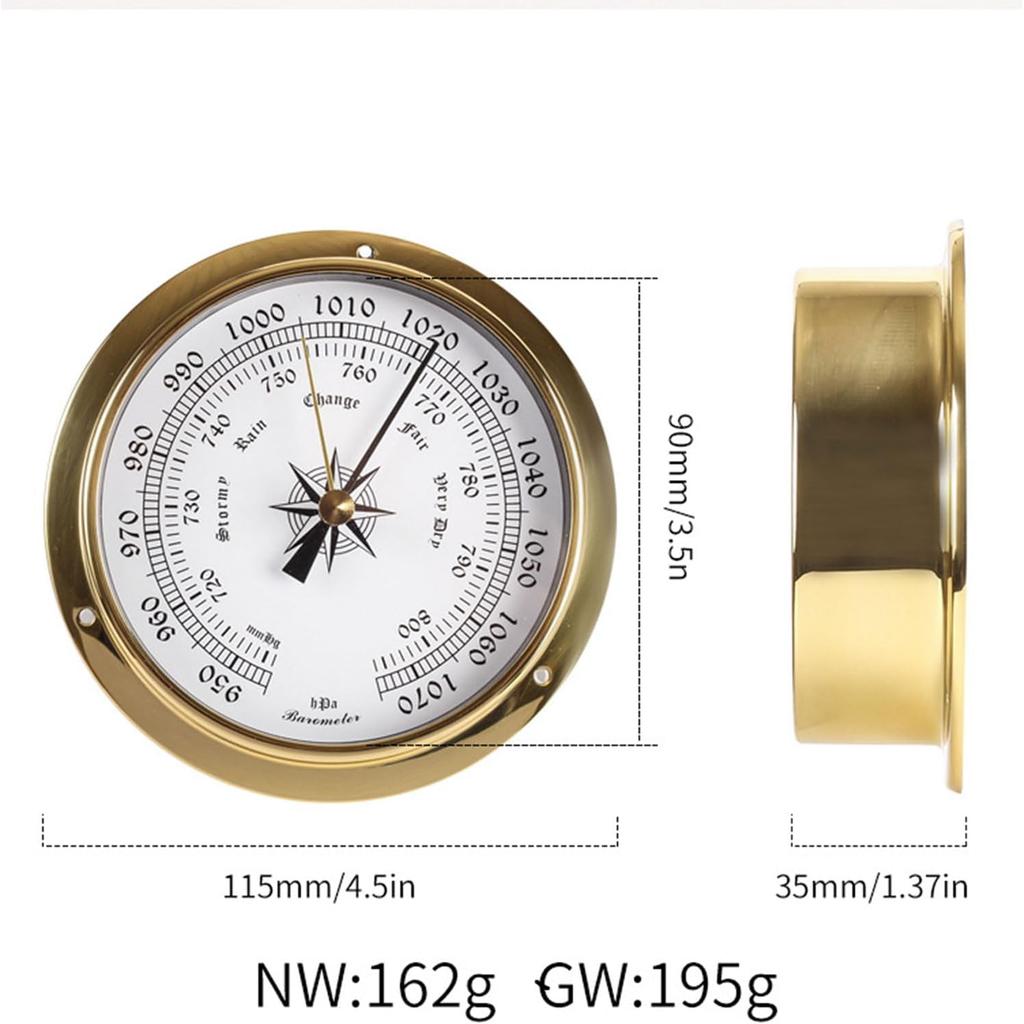 Hanging Weather Station, High Precision Thermometer Hygrometer Barometer Kit, Tide Clock Wall Clock Brass Case 4.5In Boat Accessory, for Boat Yacht,