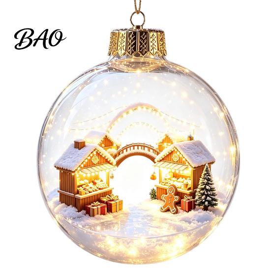 LED Christmas Indoor Decor Lighted Ornaments, 3D Miniature Scene Hanging Balls with Warm Light, Cute Party Supplies Reindeer Penguin Bear Clear