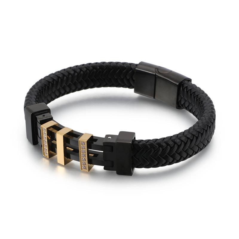 European And American Trendy Creative Diamond -Encrusted Leather Bracelet ,Retro Black Titanium Steel Leather Rope Bracelet