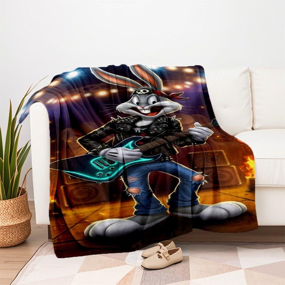 "Rock Star Bugs Bunny Guitar Art Print"Blanket Flannel Throw Blanket for Sofa, Bed, Travel, Camping, Office