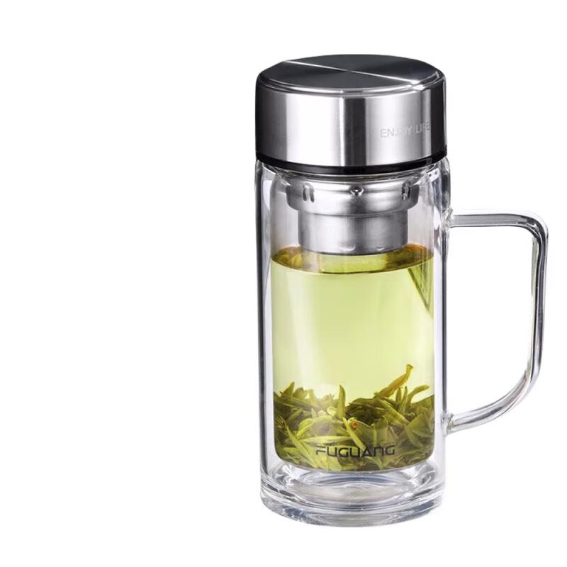 FUGUANG Double-Layer Glass Mug with Lid and Handle