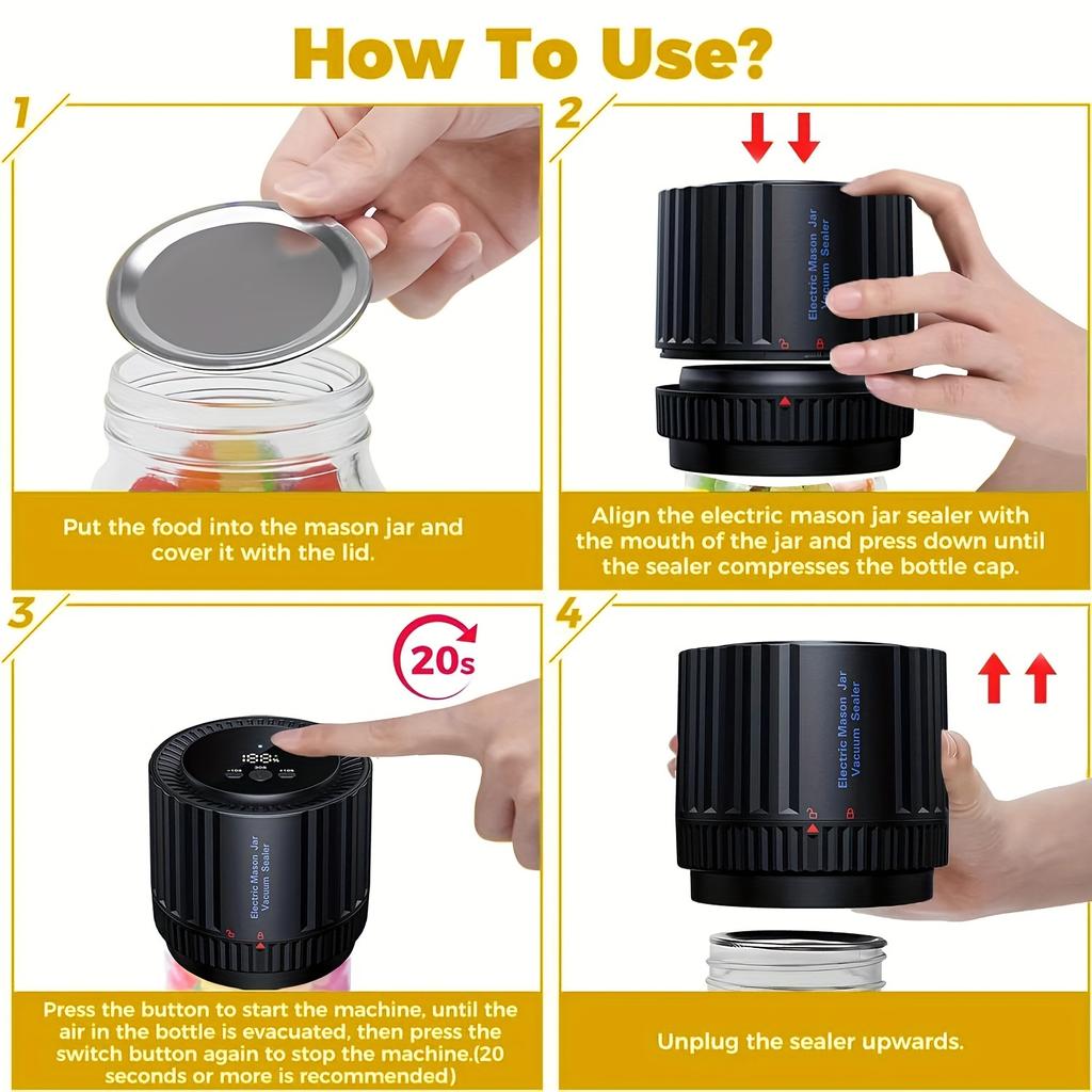 Přenosná elektrická vakuová sada na uzavírání zavařovacích sklenic - Ruční automatické uchovávání potravin s jasným displejem, dobíjecí lithiová baterie USB