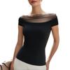 European and American Temperament Elegant Perspective Gauze Splicing One-word Collar Short-sleeved Slim Women's Top Solid Color Versatile