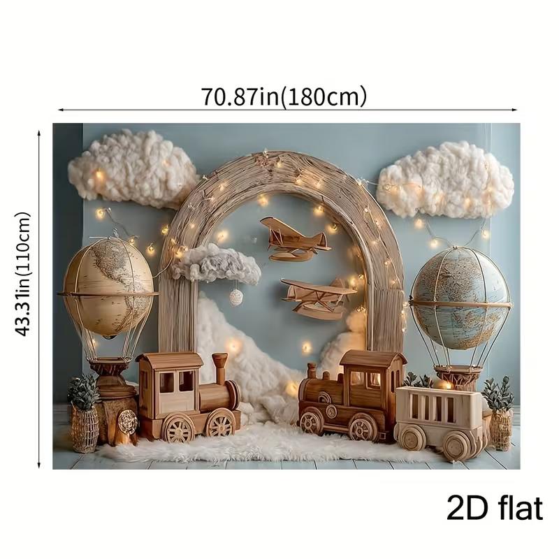 2D Flat Neutral Adventure Theme Backdrop Train Plane Travel Kids Photo Background